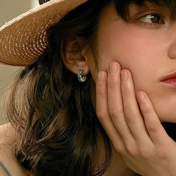 14K Yellow Gold 925 Sterling Silver Emerald Green Cubic Zirconia Huggie Earrings - Picture 5 of 7